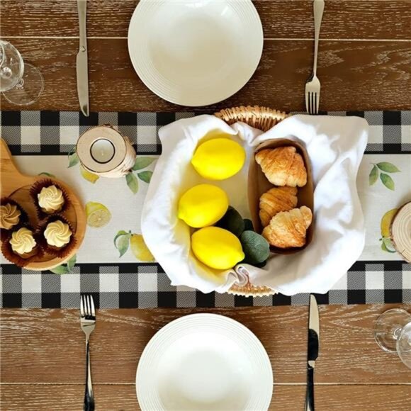 Black Buffalo Check Summer Table Runner 72” w/ Lemon Vase-Rustic Farmhouse  Deco - Picture 3 of 7